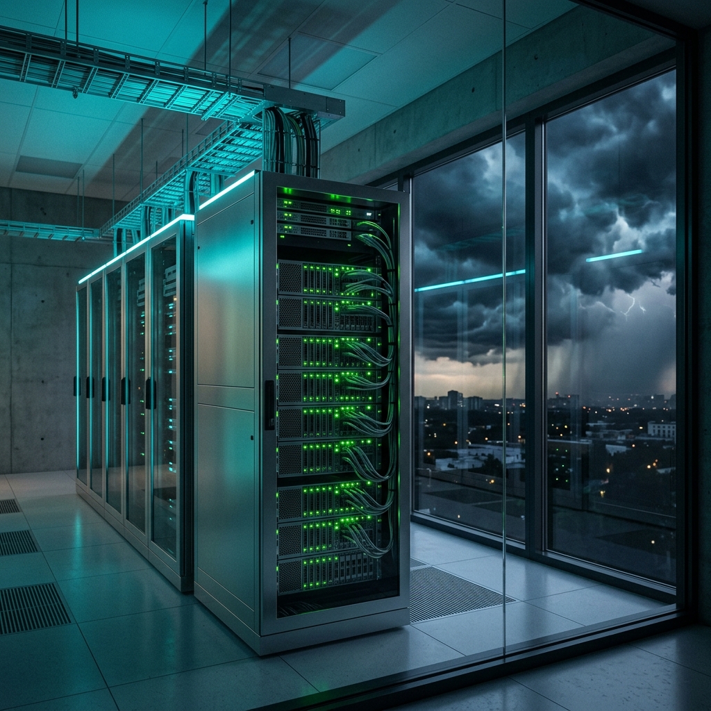 Backup server rack in a secure data center during a summer storm