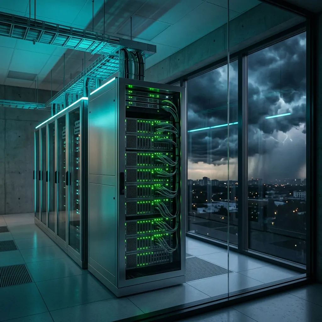 Backup server rack in a secure data center during a summer storm