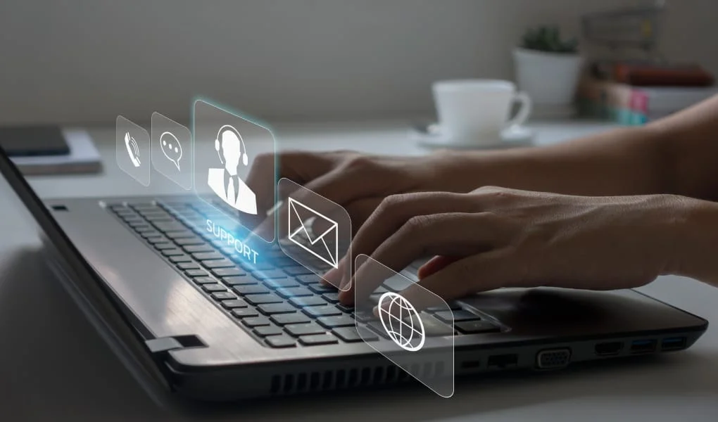 Technical Support Center Customer Service Internet Business Technology Concept. Closeup of hands typing on laptop.