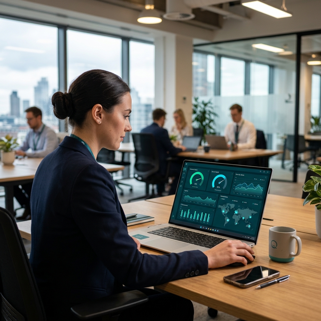 Executive reviewing an IT health check dashboard on a laptop
