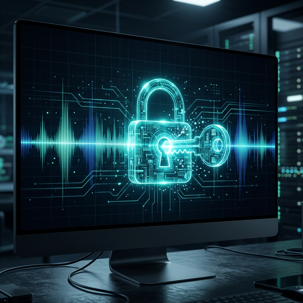 Soundwave visualization and digital padlock on a monitor screen