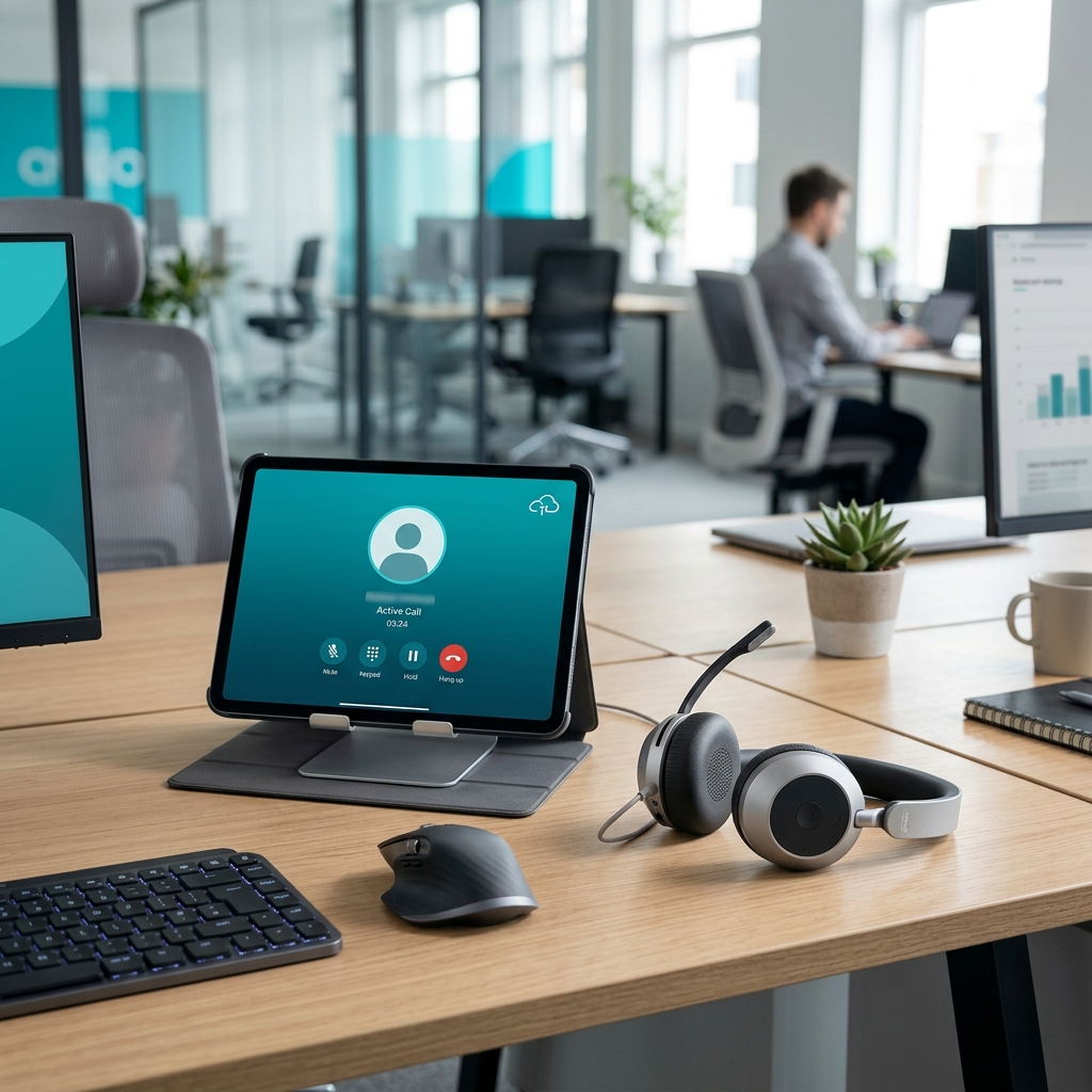 Sleek office desk with a professional headset and tablet showing cloud VOIP interface