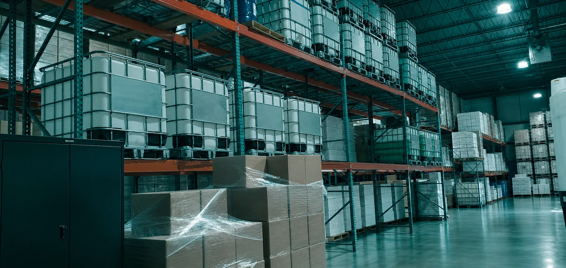An anonymized teal-toned warehouse with pallet racks, storage tanks, and boxed inventory