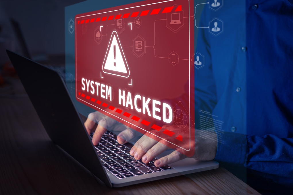 System hacked alert after cyber attack on computer network. Cybersecurity vulnerability, data breach, illegal connection, compromised information concept. Malicious software, virus and cybercrime.